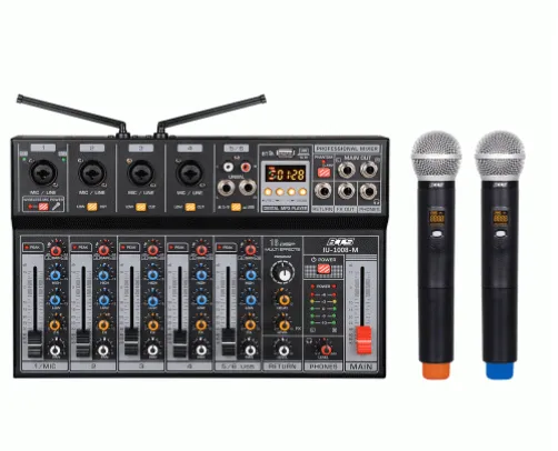מיקסר משולב עם מיקרופונים אלחוטיים UHF שני ערוצים וכרטיס קול 6 כנסות אודיו