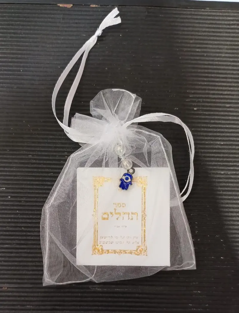 ספר תהילים גדול 5*5 בשקית אורגנזה עם תליון חמסה