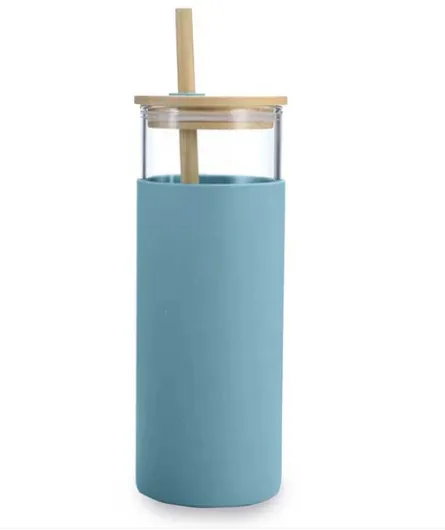 כוס זכוכית מעוצבת עם מכסה במבוק וקשית 500ml תכלת