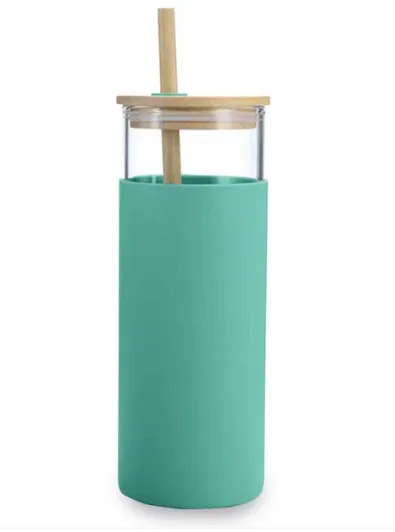 כוס זכוכית מעוצבת עם מכסה במבוק וקשית 500ml טורקיז