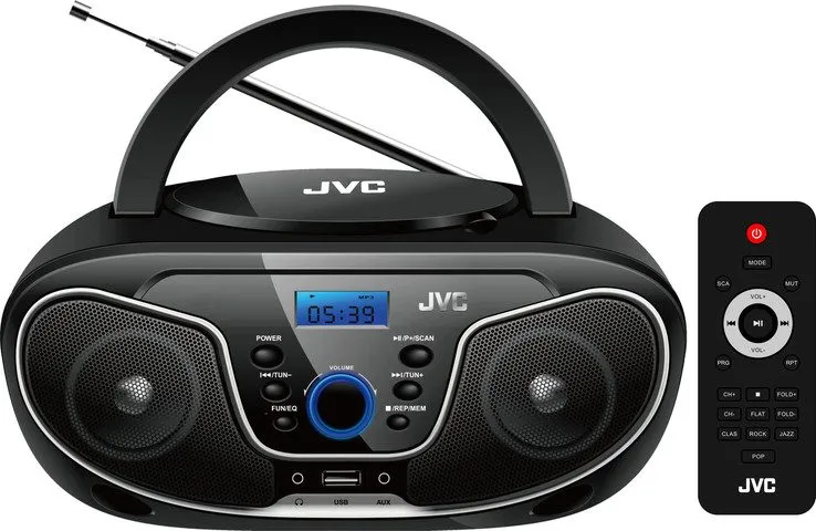 רדיו דיסק נייד JVC עם שלט שחור/לבן, USB ו-FM