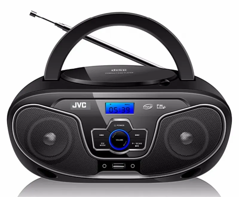רדיו דיסק נייד JVC שחור עם USB ו-FM