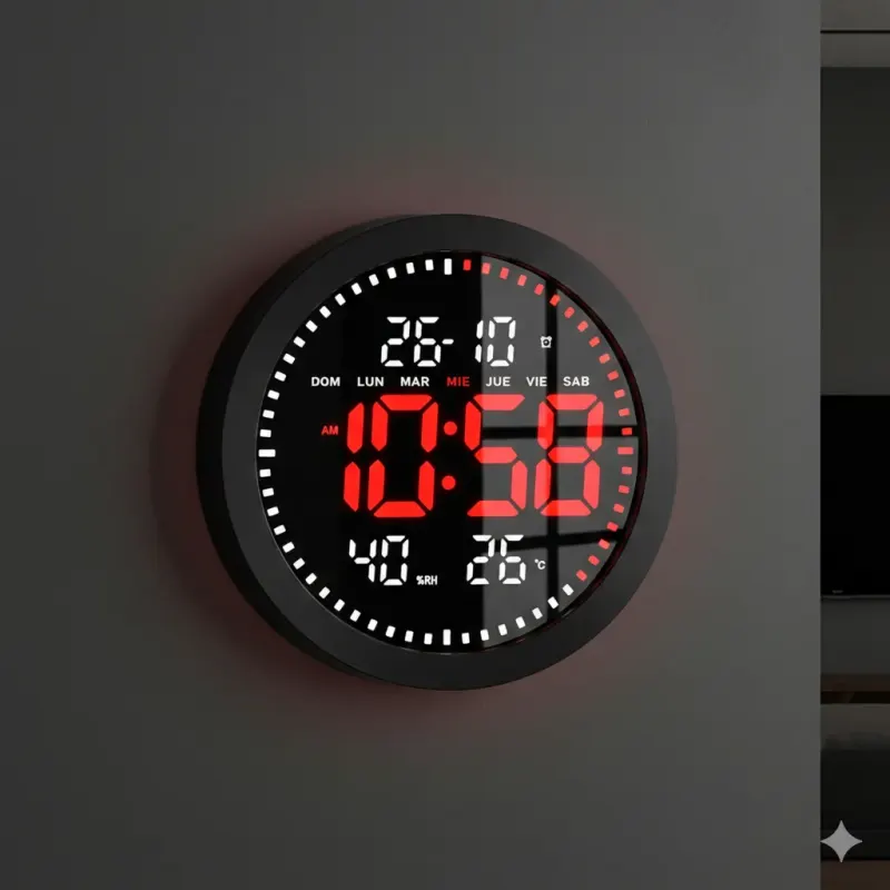 שעון קיר דיגיטלי עגול עם תצוגת LED אדומה