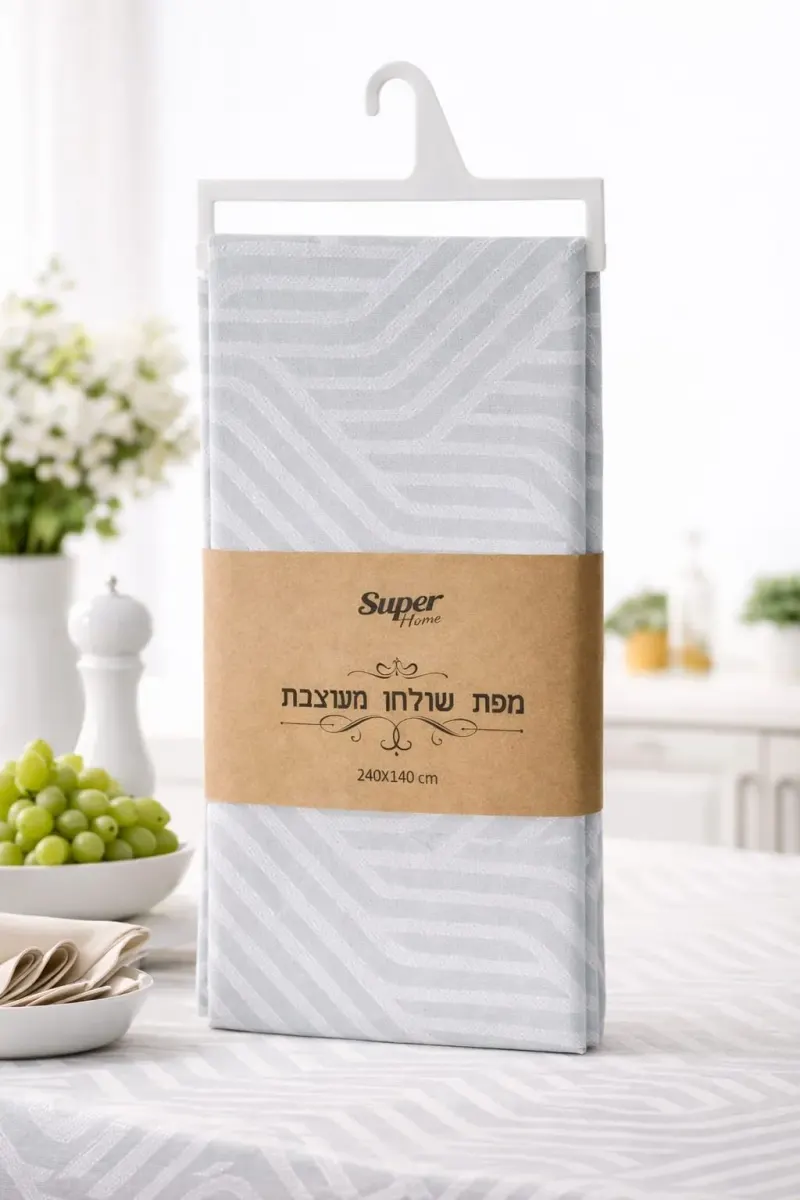 מפת שולחן PVC יוקרתית גיאומטרית – כסף לבן 240×140 ס״מ