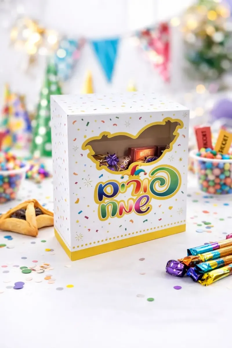 קופסת קרטון לפורים עם חלון שקוף בעיצוב מסכה צבעוני – מושלמת למשלוחי מנות ומתנות חג מרשימות.