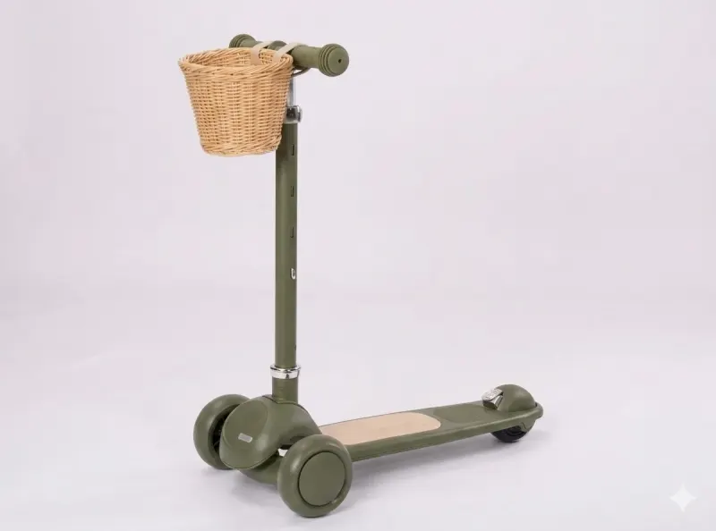 קורקינט 3 גלגלים Retro Line – דגם וינטג' צבע פיסטוק יוקרתי עם סלסלת קש וכידון מתכוונן