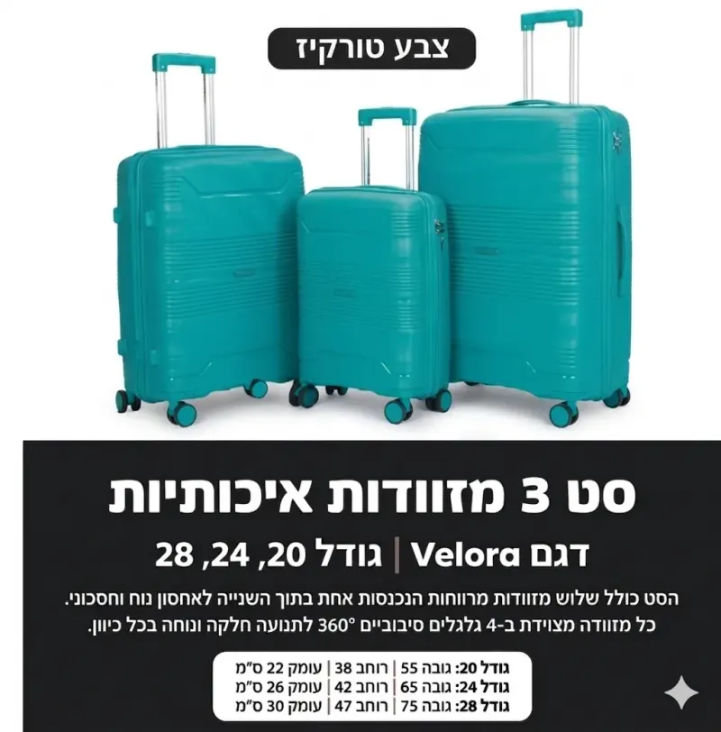 סט 3 מזוודות טרולי VELORA טורקיז