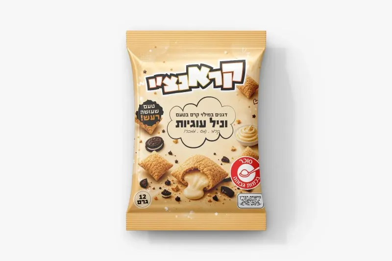 חטיף קראנצ'י דגנים במילוי קרם בטעם וניל עוגיות – 12 גרם