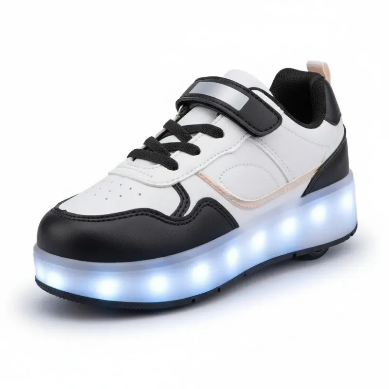 נעליים עם גלגלים לילדים ותאורת LED – שחור לבן, מידה 30 | GLOW ROLL