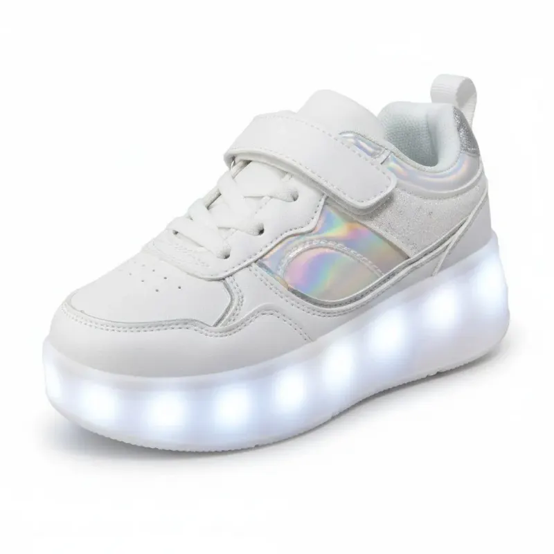 נעליים עם גלגלים לילדים ותאורת LED – לבן הולוגרפי, מידה 29 | GLOW ROLL