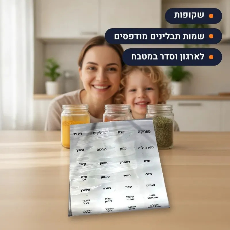 מדבקות תבלינים שקופות לארגון וסידור צנצנות במטבח