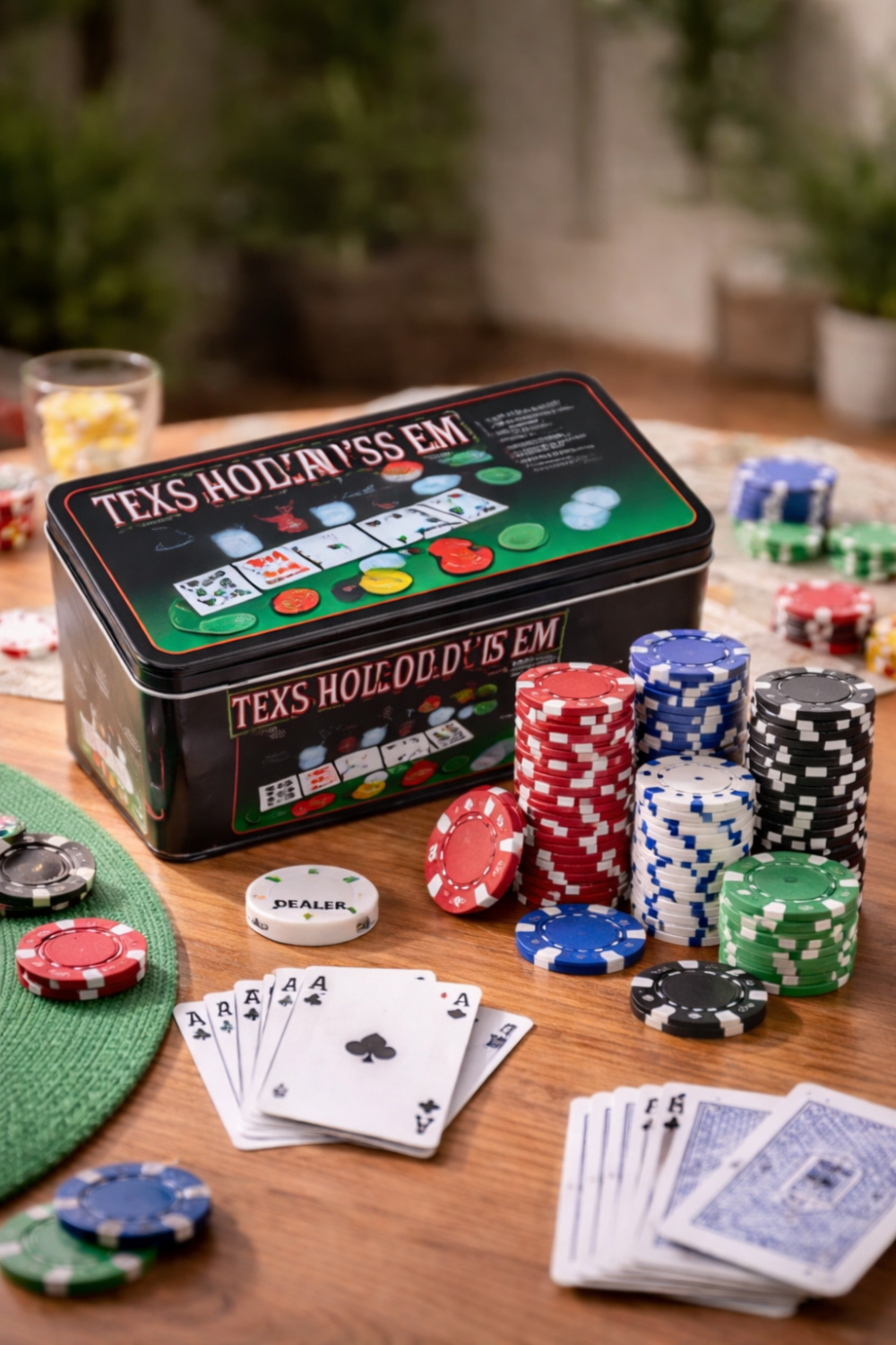 סט פוקר טקסס הולדם בקופסת פח יוקרתית – קלפים וצ’יפים לערב משחק  200 ז'יטונים