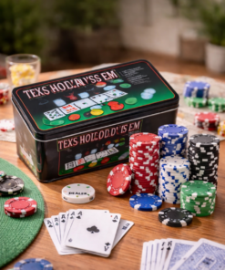 סט פוקר טקסס הולדם בקופסת פח יוקרתית – קלפים וצ’יפים לערב משחק  200 ז'יטונים