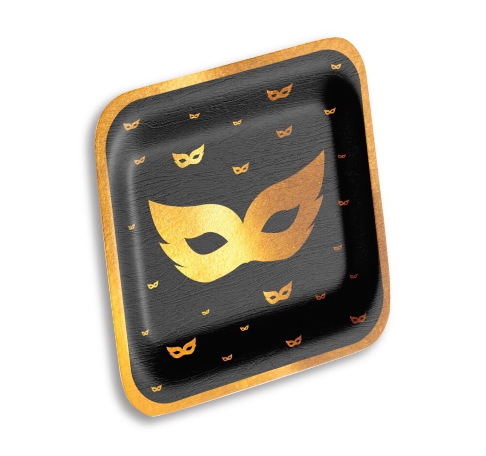 צלחת מרובעת "9 מסכה לפורים – שחור/זהב * 10 יח'