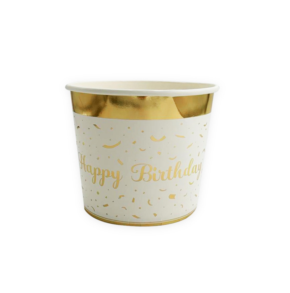 כוס קאפקייקס קרטון לאפייה HAPPY BIRTHDAY - לבן בעיטור זהב