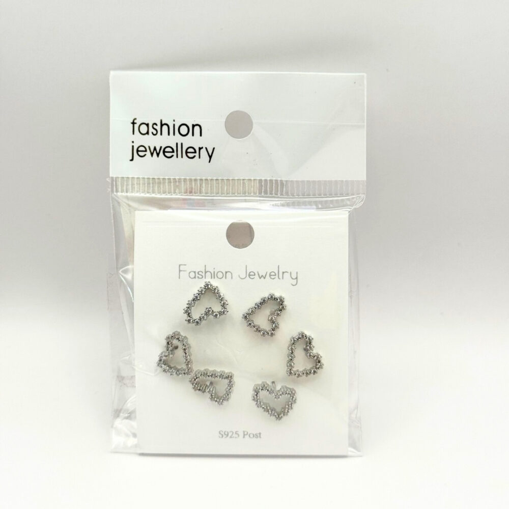 מארז 3 עגילי לב ציפוי כסף משובצים אבנים