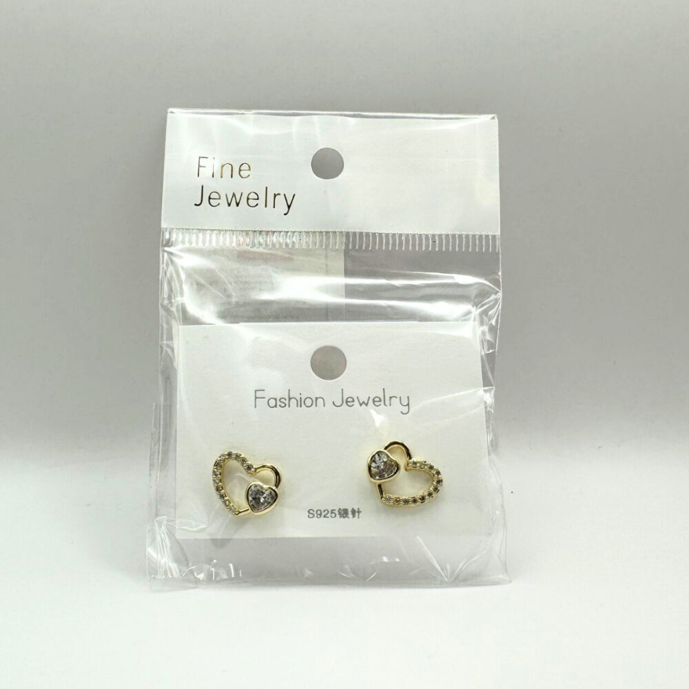 עגילים לב בתוך לב ציפוי זהב עם שיבוץ אבנים