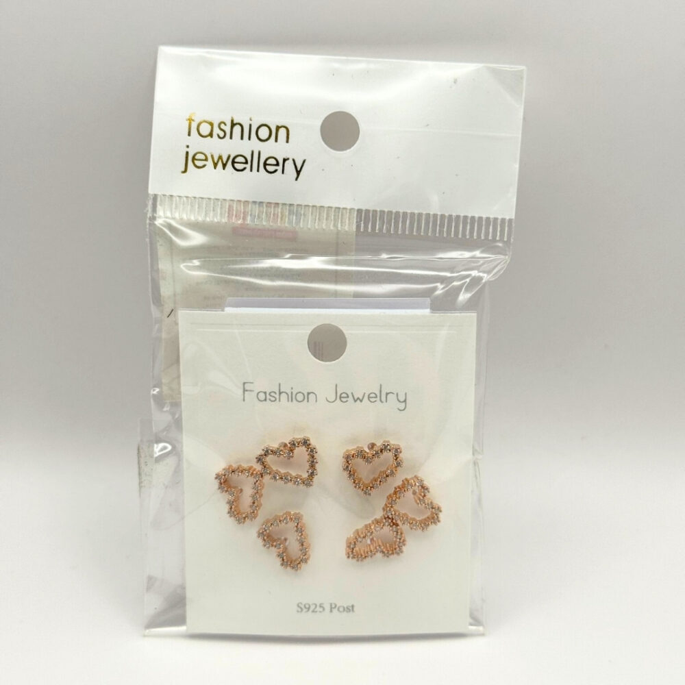 מארז 3 עגילי לב ציפוי רוז גולד משובצים אבנים