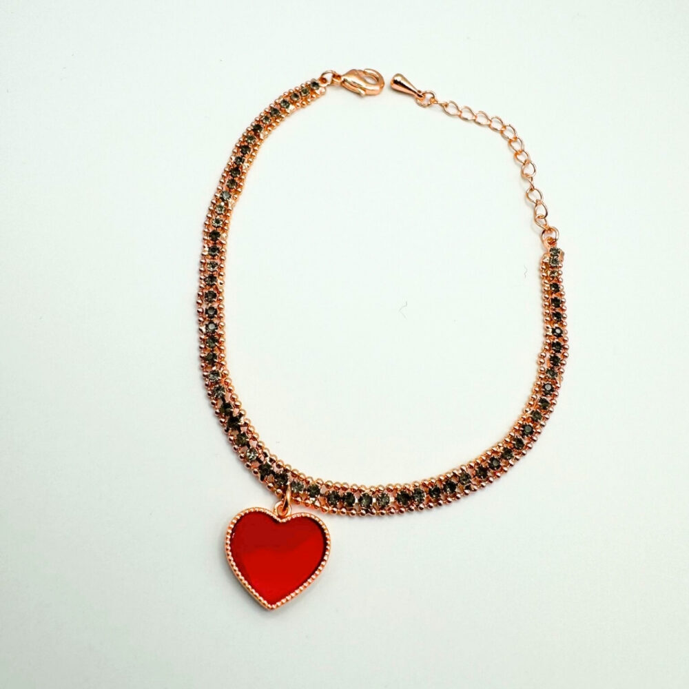 צמיד ציפוי רוז גולד תליון לב אדום