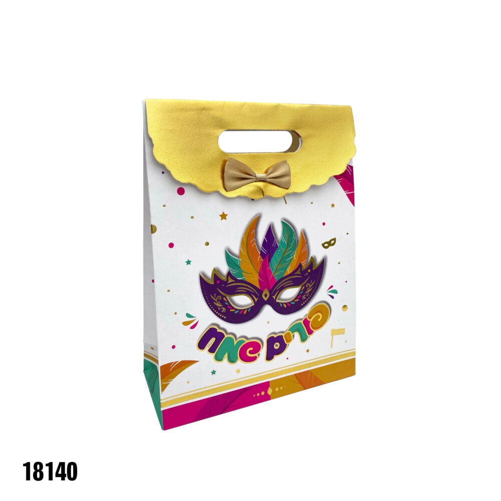 שקית קרטון עם פפיון פורים שמח 27*19 ס"מ