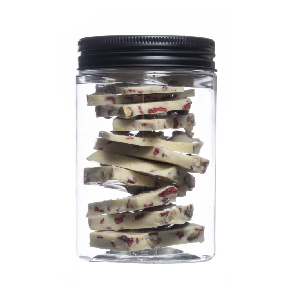 מארז שברי שוקולד לבן בתוספת תות קראנץ' ופיסטוק