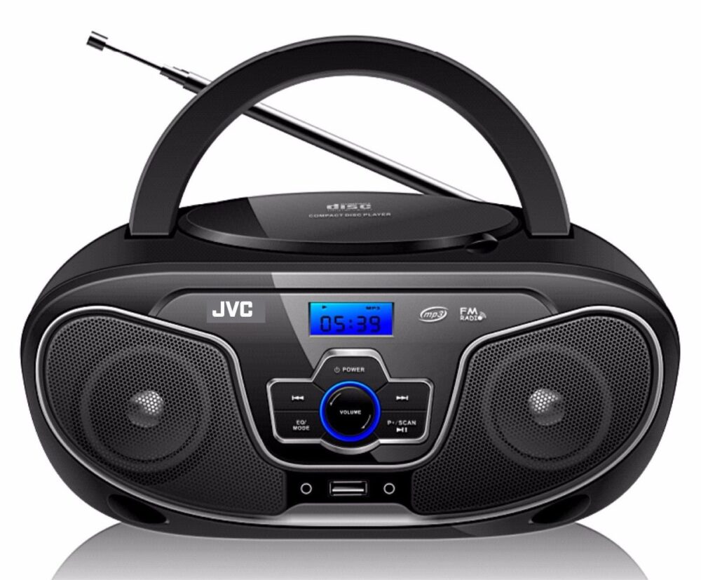 רדיו דיסק נייד JVC שחור עם USB ו-FM