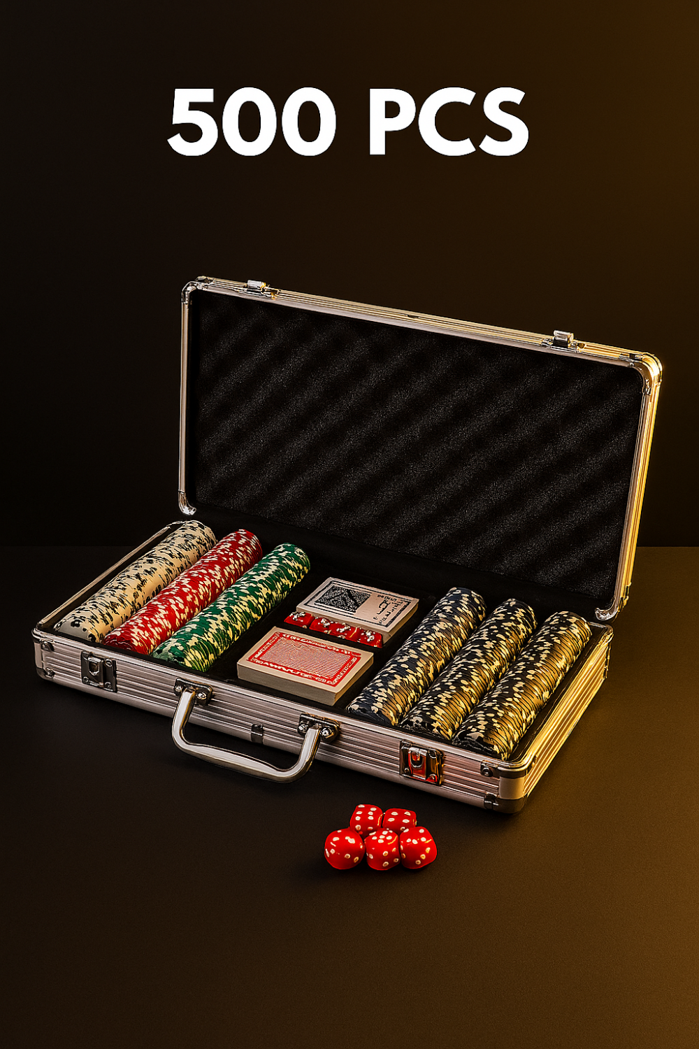 מזוודת פוקר אלומיניום 500 ז׳יטונים – סט Texas Hold’em מקצועי (כולל קלפים ואביזרים)