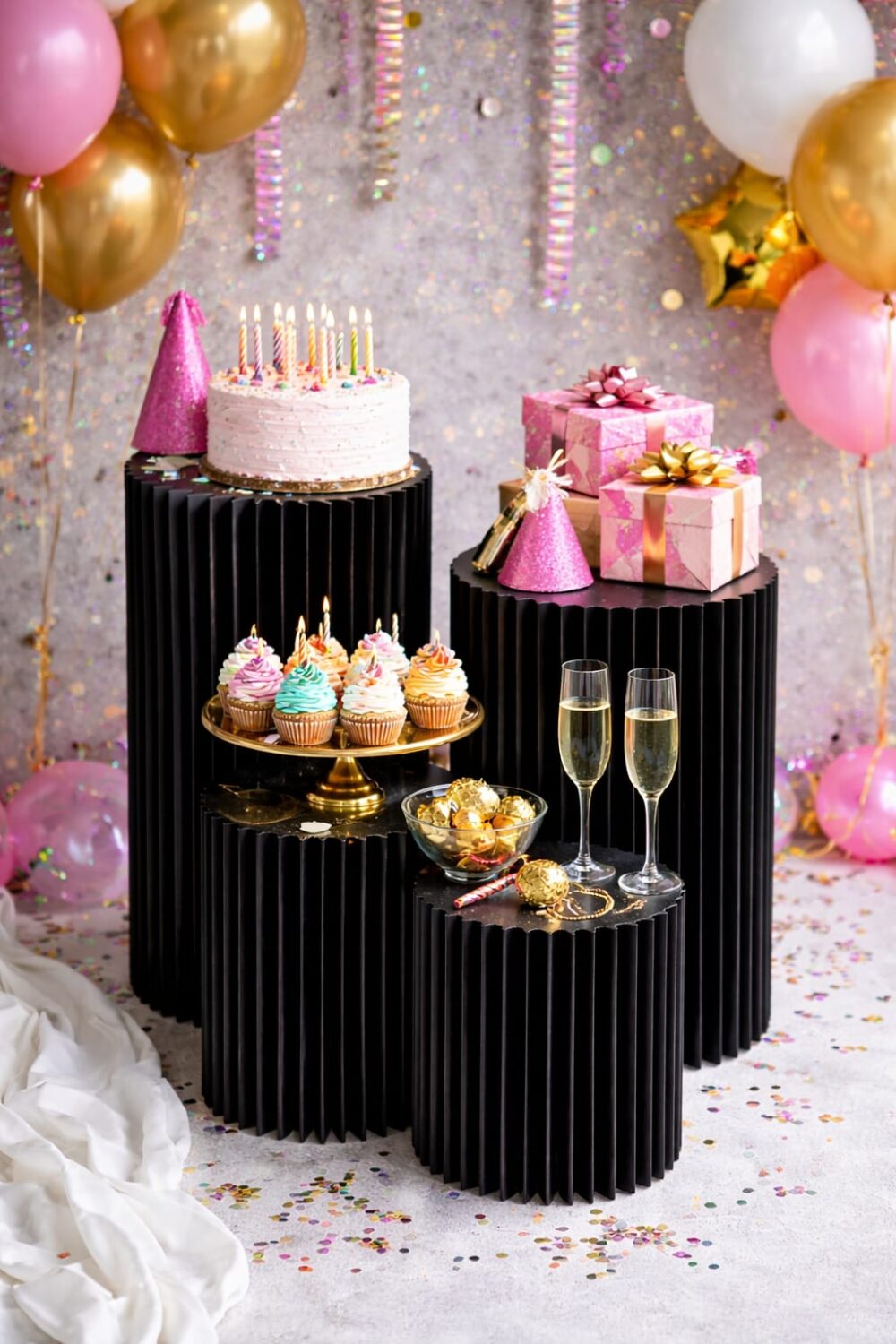 סט שולחנות אירוח / במות תצוגה מעוצבות – שחור קלאסי | סט 4 יחידות