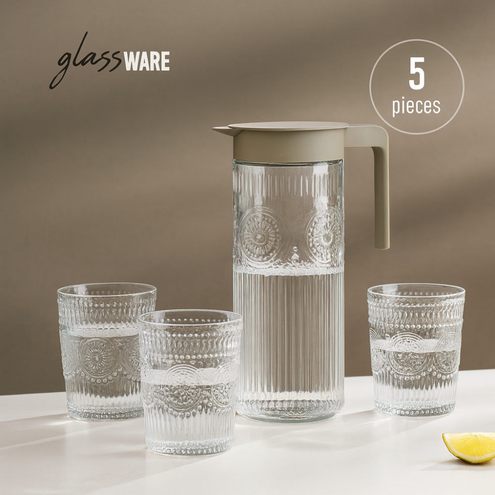 סט אירוח קנקן מים + 4 כוסות בעיטור תחרה אלגנטי