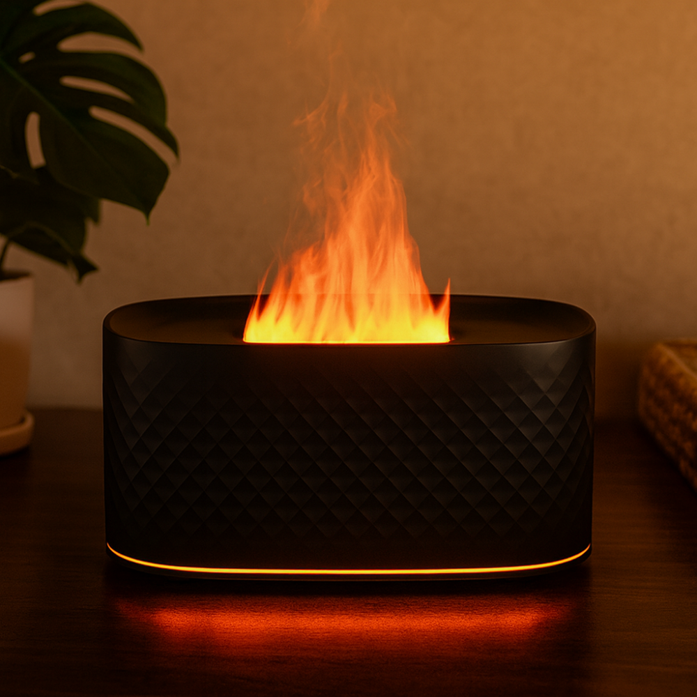 מפיץ ריח מעוצב עם אפקט אש ותאורת LED – חווית רוגע ייחודית