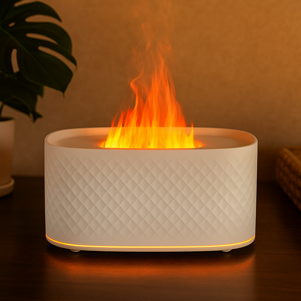 מפיץ ריח לבן עם אפקט אש ותאורת LED – עיצוב אלגנטי לאווירה מושלמת