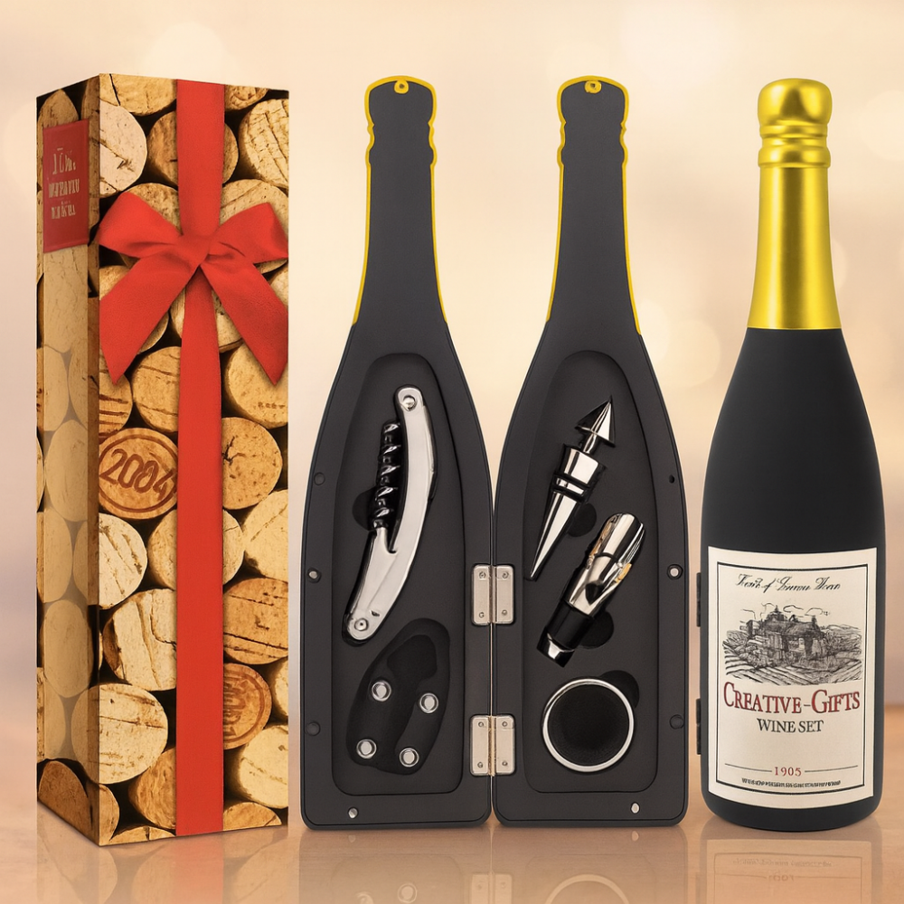 אביזרי יין במארז דמוי בקבוק שמפניה – מתנה יוקרתית לחובבי יין
