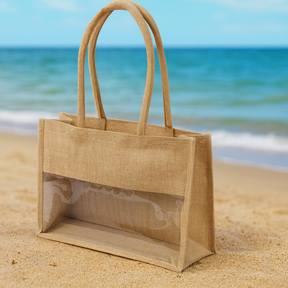 תיק יוטה איכותי עם חלון שקוף