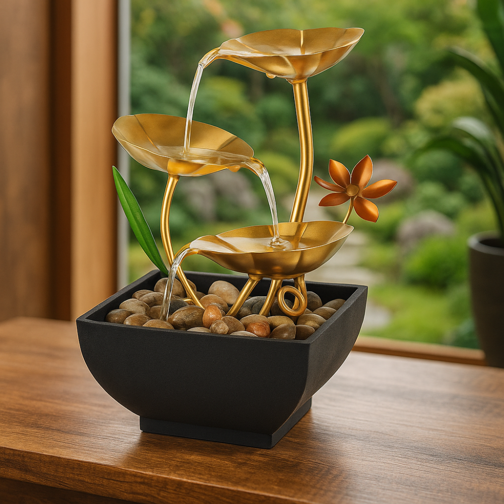 מפל מים שולחני עם חלוקי נחל – עיצוב ייחודי ומופעל ב-USB