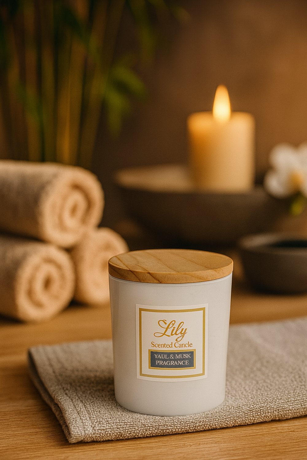 נר ריחני יוקרתי בצבע לבן עם מכסה במבוק