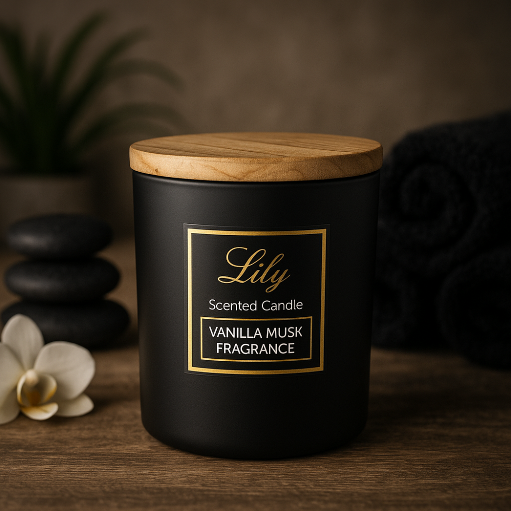 נר ריחני יוקרתי בצבע שחור עם מכסה במבוק – במארז מתנה מעוצב