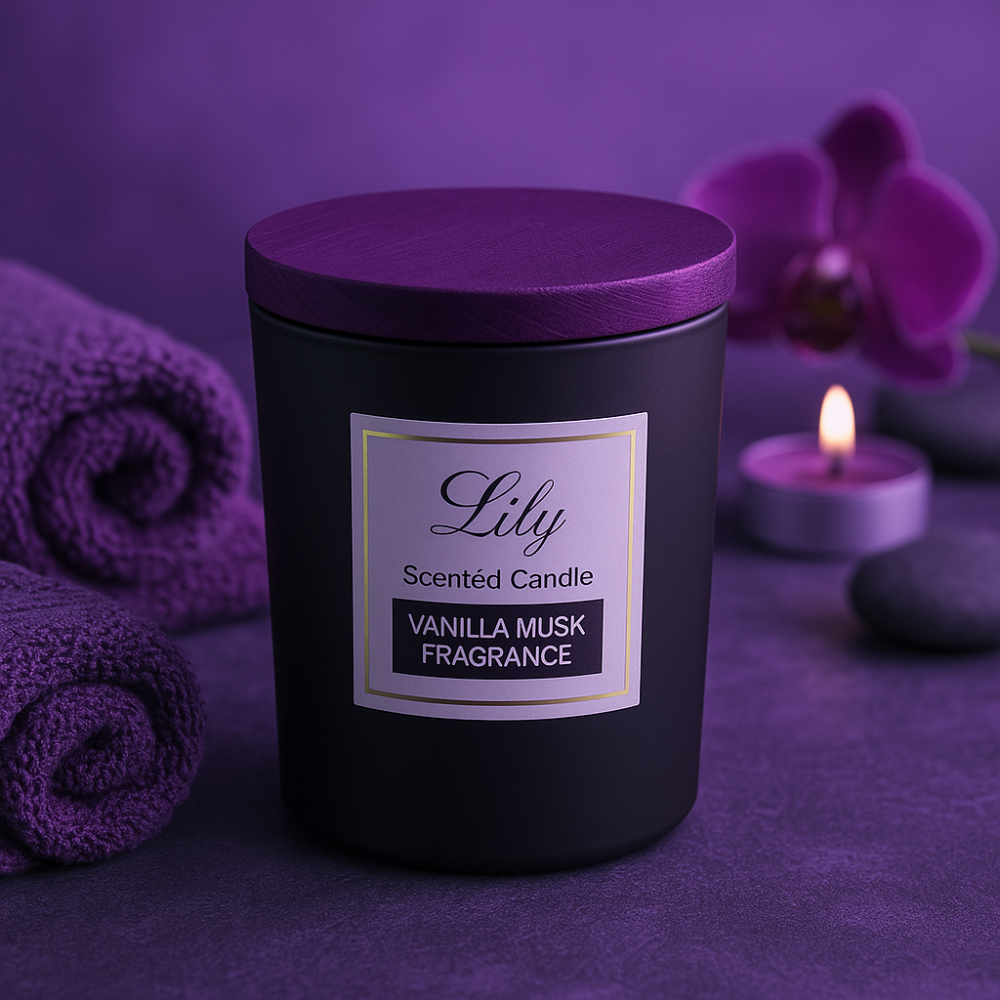 נר ריחני יוקרתי בצבע סגול עם מכסה במבוק – במארז מתנה אלגנטי