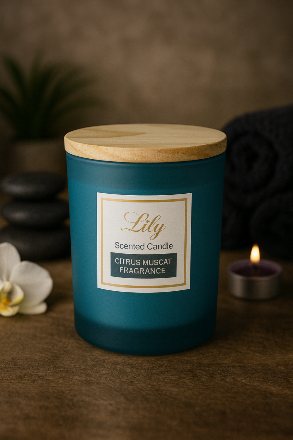 נר ריחני יוקרתי בצבע כחול עם מכסה במבוק – מתנה אלגנטית ומפנקת