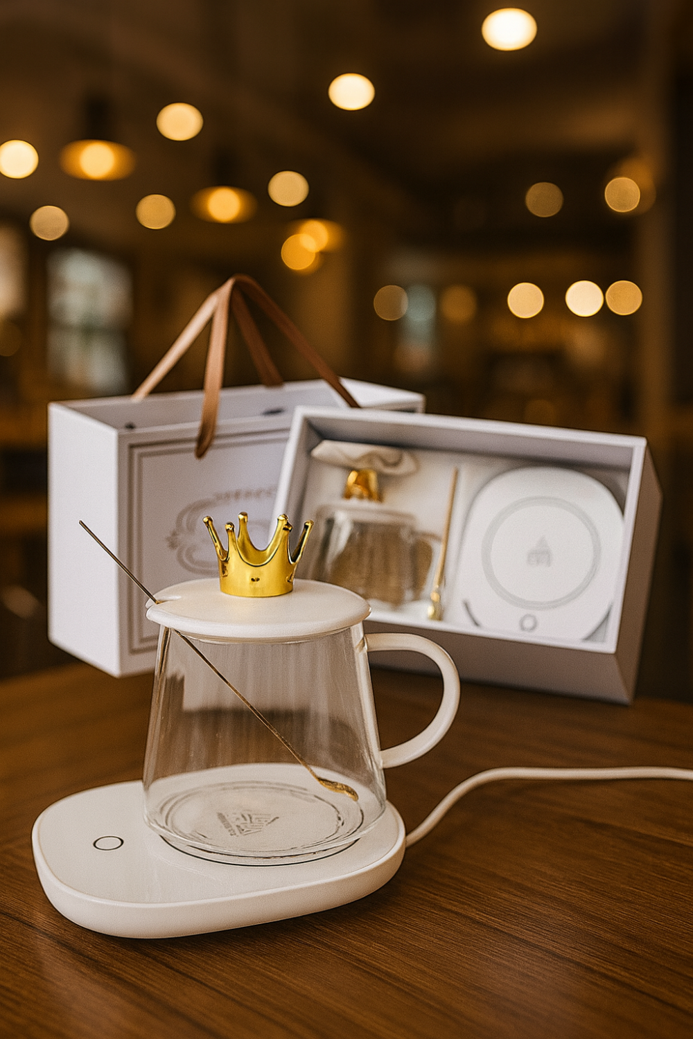 פלטת חימום לכוס קפה עם כוס מעוצבת