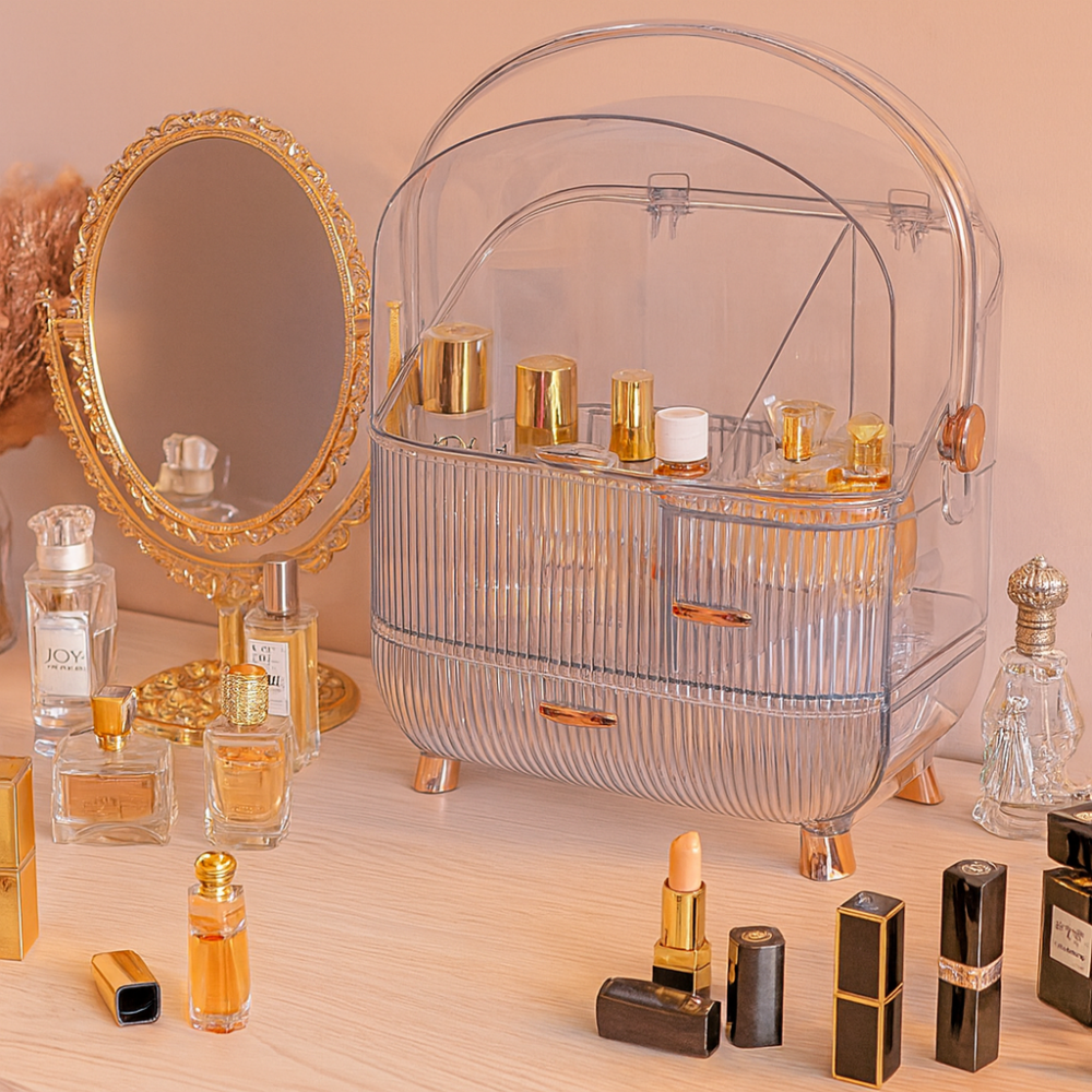 ארגונית איפור גדולה בעיצוב וינטג' – פתרון אחסון אלגנטי ונוח