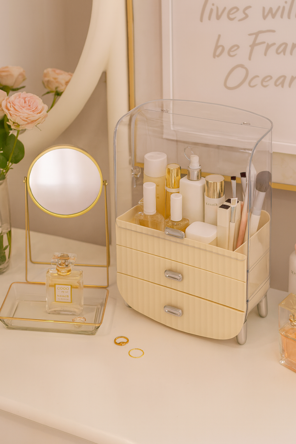 ארגונית איפור אלגנטית עם 2 מגירות ומכסה שקוף
