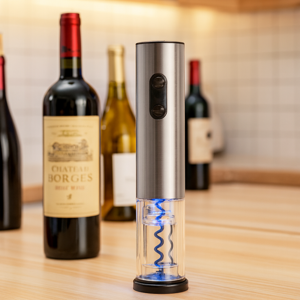 פותחן יין חשמלי יוקרתי – גימור מתכת עם תאורת LED