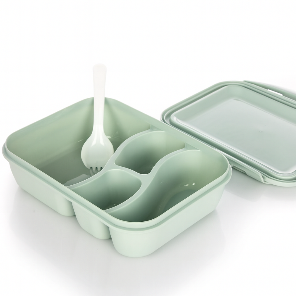 קופסת אוכל ירוקה עם חלוקה פנימית וכיסוי אטום