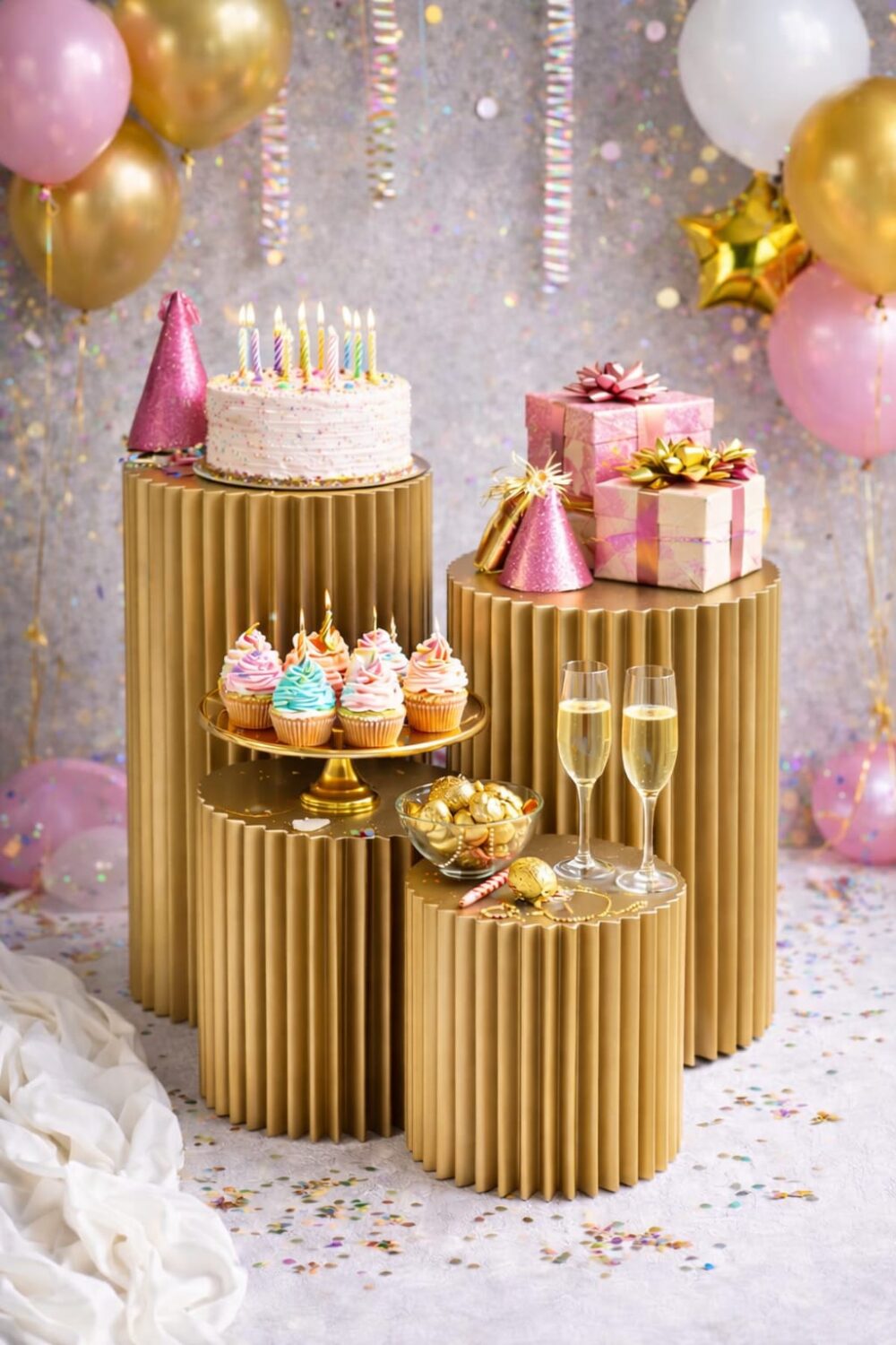 סט שולחנות אירוח / במות תצוגה מעוצבות – זהב קלאסי | סט 4 יחידות