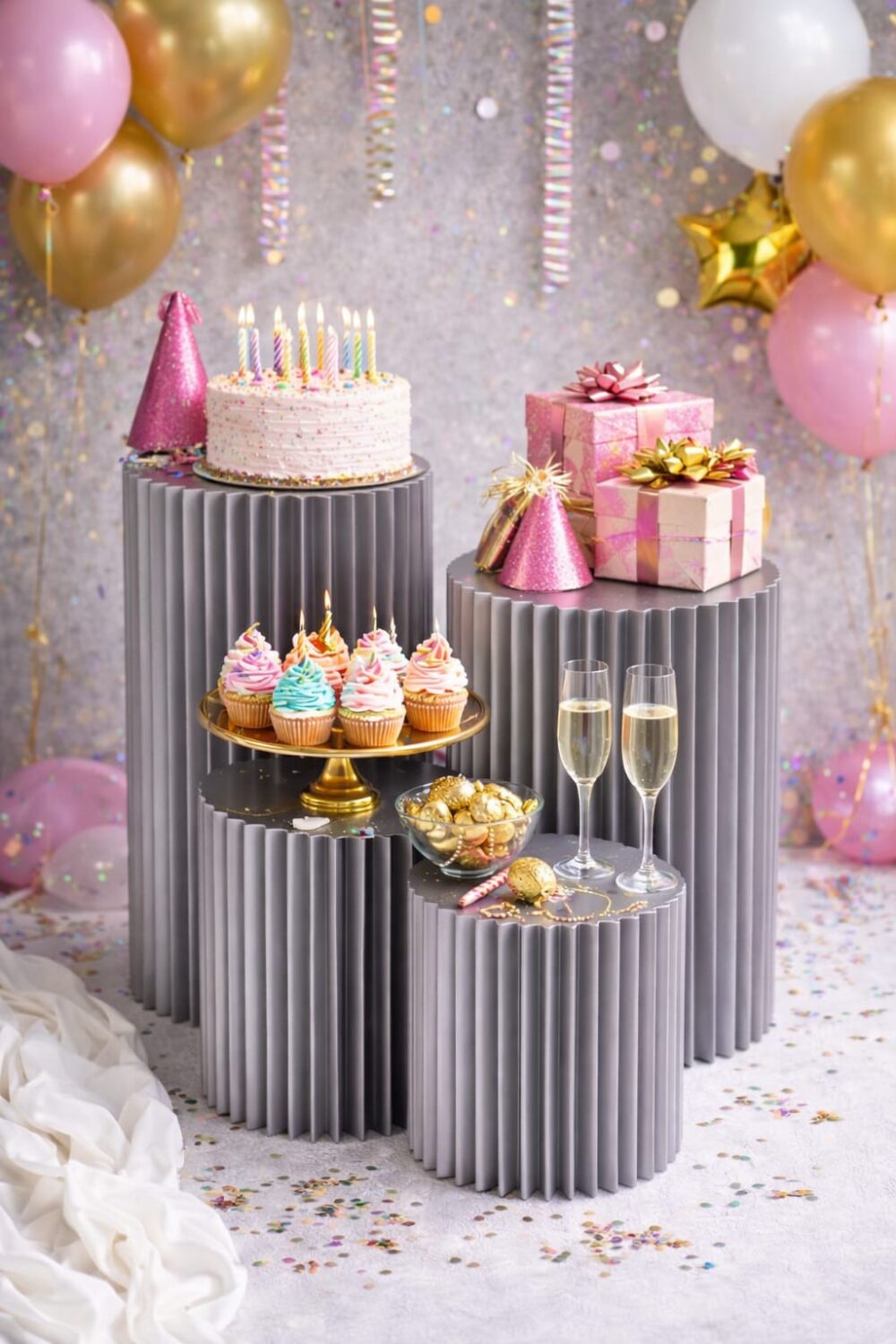 סט שולחנות אירוח / במות תצוגה מעוצבות – כסף קלאסי | סט 4 יחידות