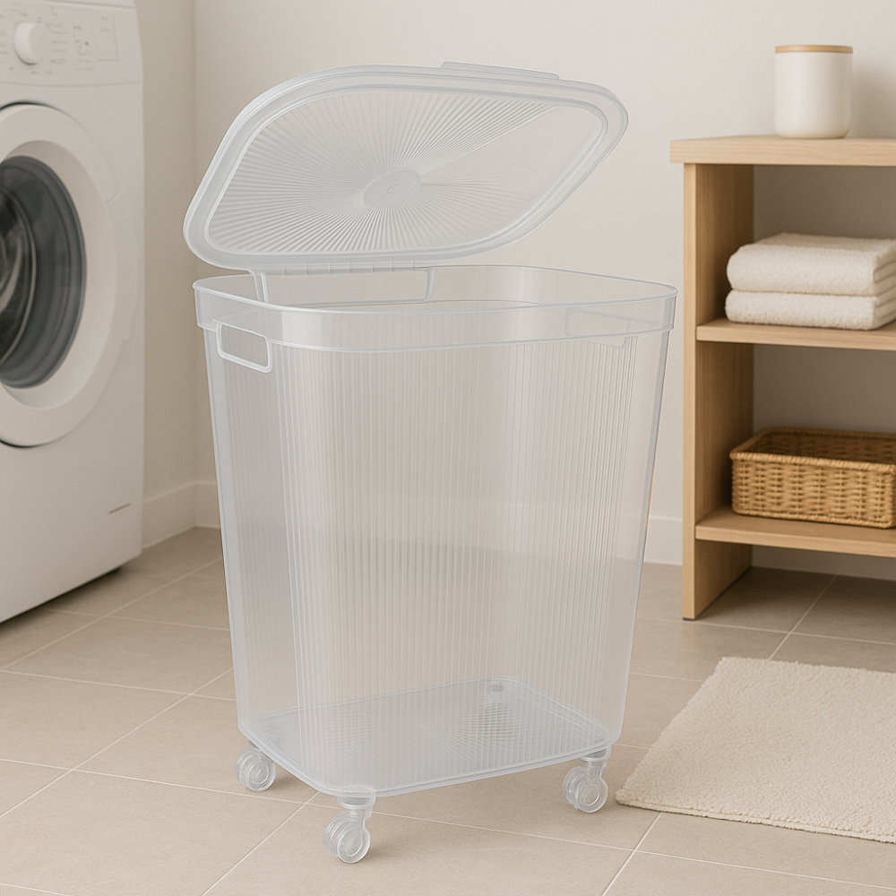Alternative view of סל כביסה קשיח שקוף PET עם מכסה על גלגלים – 65.5×43×34.5 ס"מ