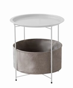 שולחן צד עגול ממתכת עם תא אחסון בד – לבן