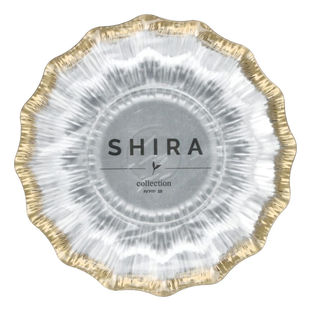סט צלחות חד־פעמיות מעוצבות 9 אינץ' – סדרת SHIRA Collection שקוף פס זהב