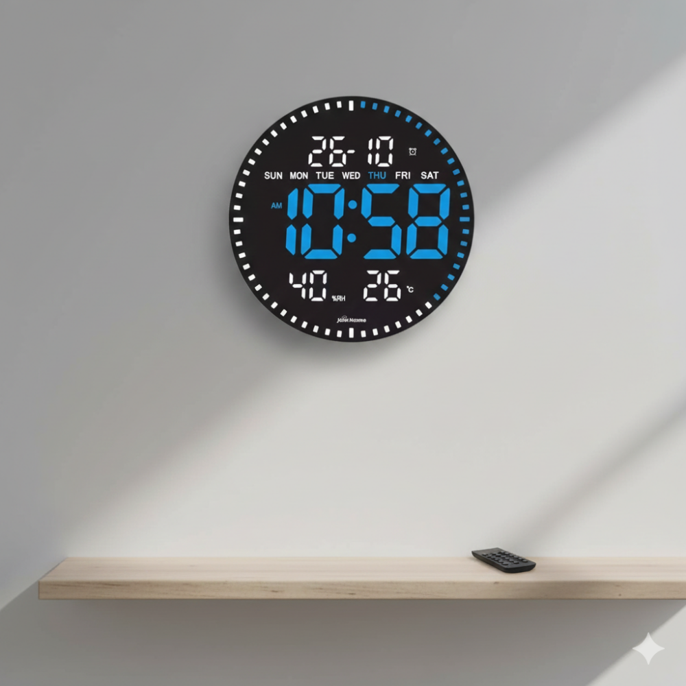 שעון קיר דיגיטלי עגול עם תצוגת LED כחולה
