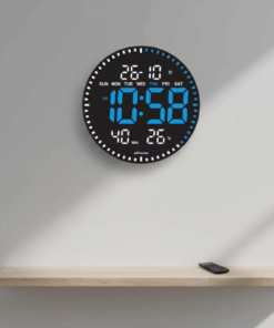 שעון קיר דיגיטלי עגול עם תצוגת LED כחולה